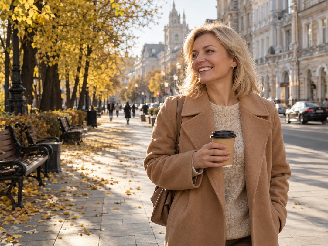 Улыбающаяся женщина в верблюжьем пальто с кофе идёт по осеннему бульвару