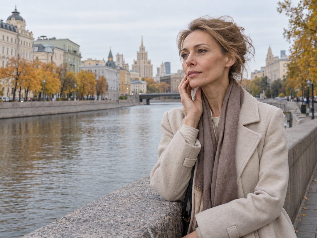 Женщина у парапета набережной осенью касается щеки, слева река и старые дома