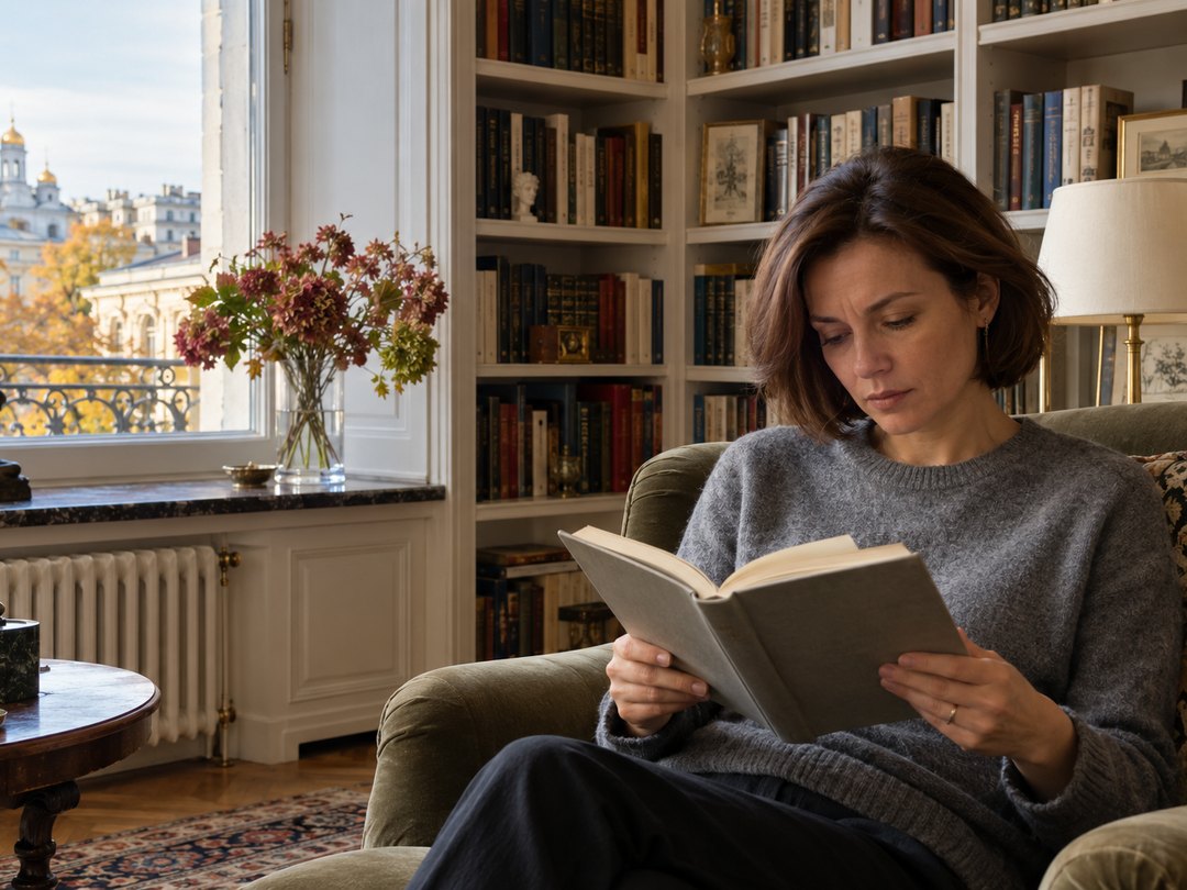 Женщина за сорок в кресле читает книгу у окна, на фоне книжные полки