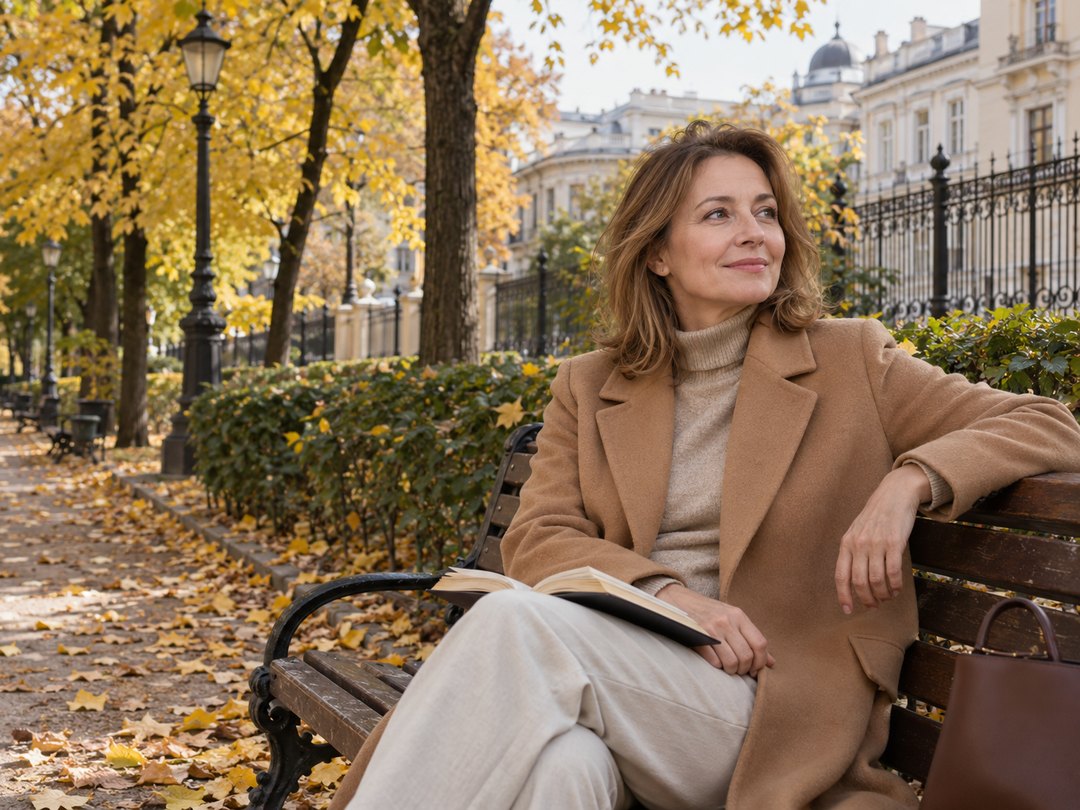 Женщина в бежевом пальто сидит на скамье в осеннем парке с книгой, слева аллея с жёлтой листвой