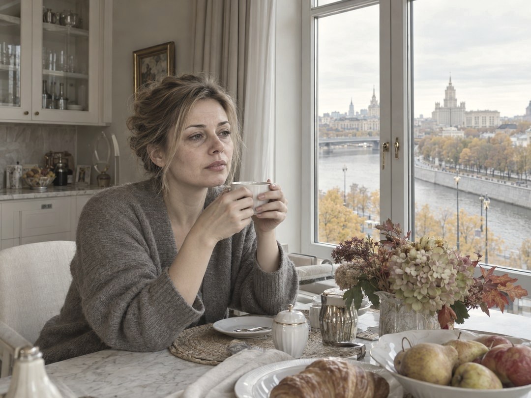 Уставшая женщина с чашкой за кухонным столом, за окном река и осенний парк